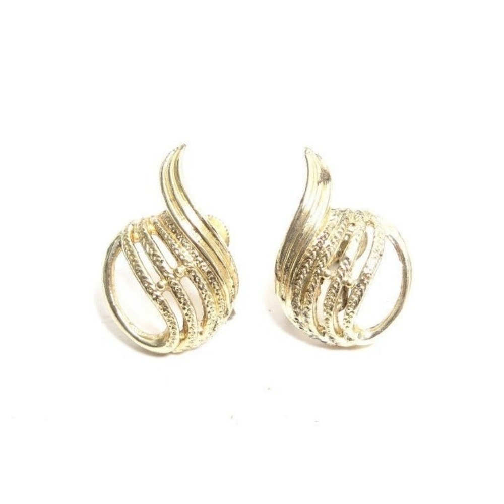 Vintage Signed Coro Gold Plated Abstract Swirl‎ Screwback Earrings